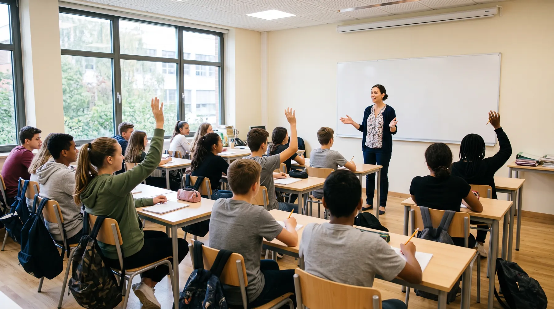 A teacher standing beside rows of teenage students working at desks