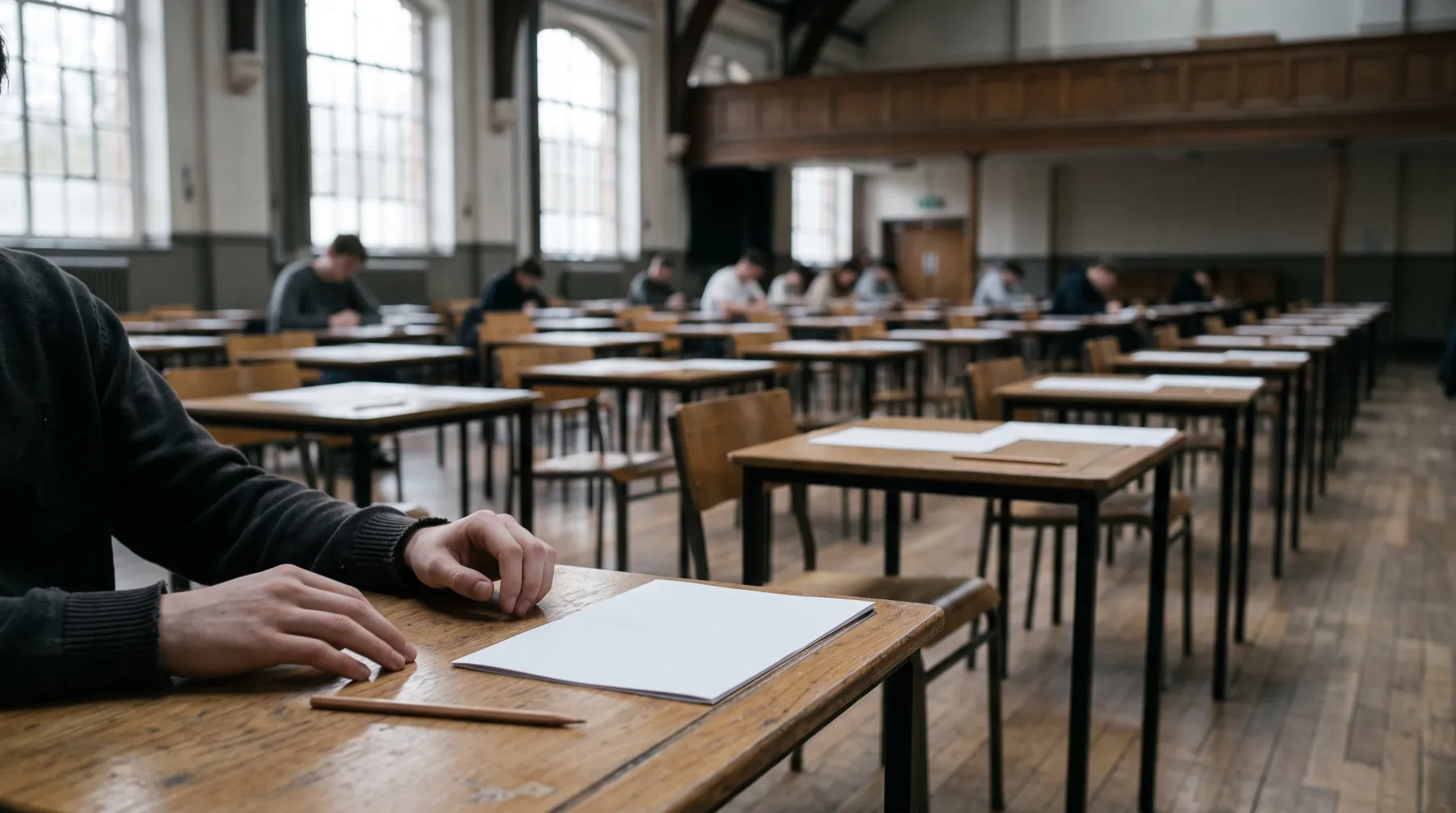 Rows of empty desks in a school exam hall, set out before a sitting