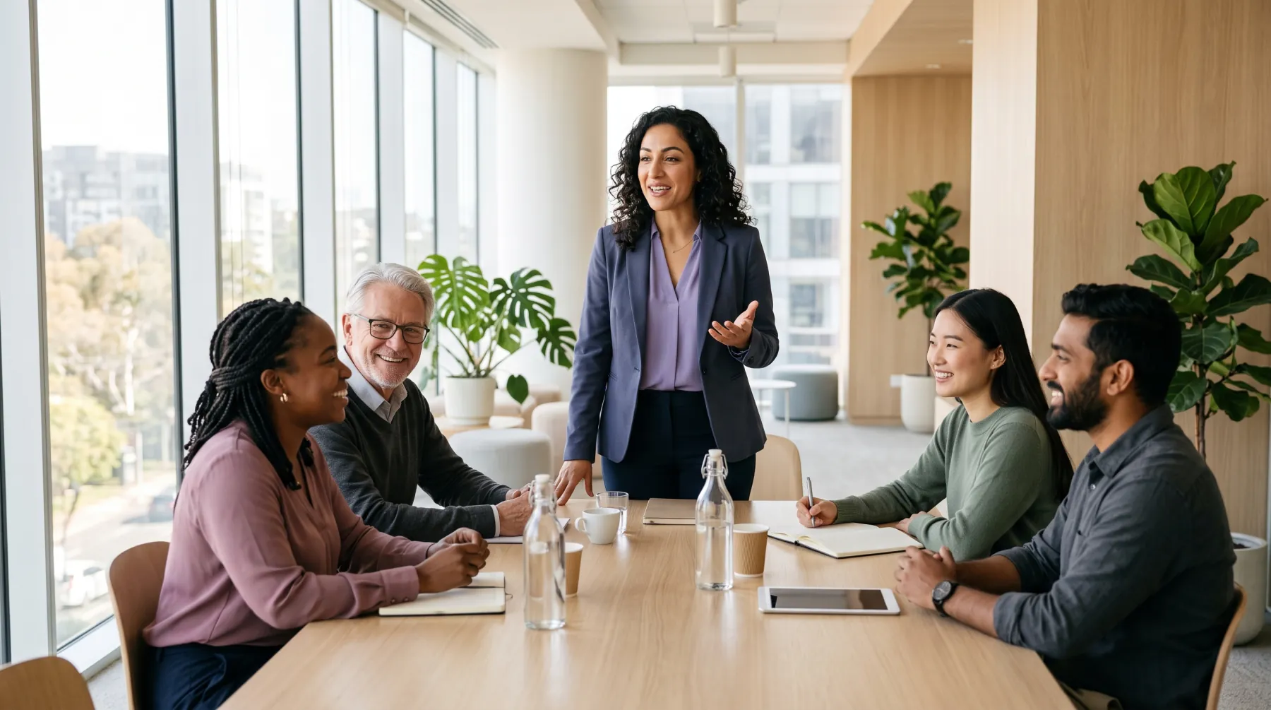 A woman speaking to colleagues across a meeting-room table
