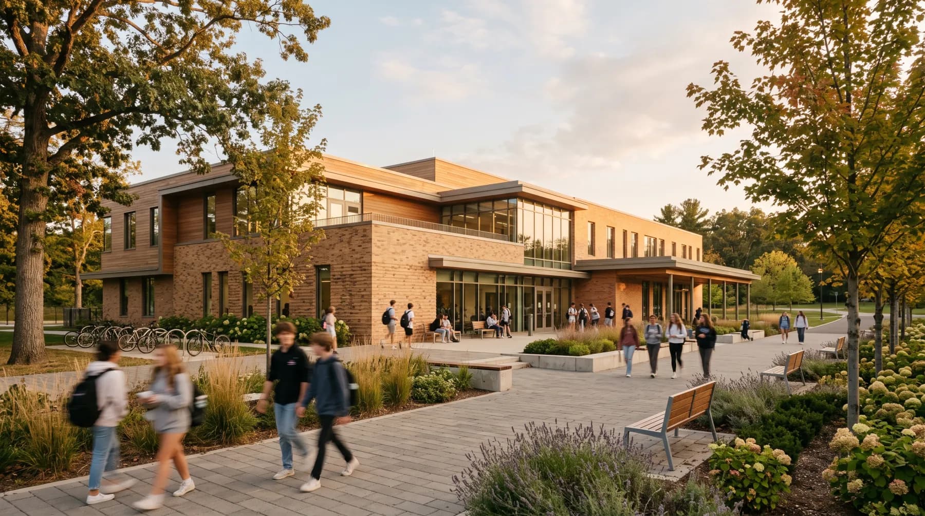 The exterior of a school building on a bright morning
