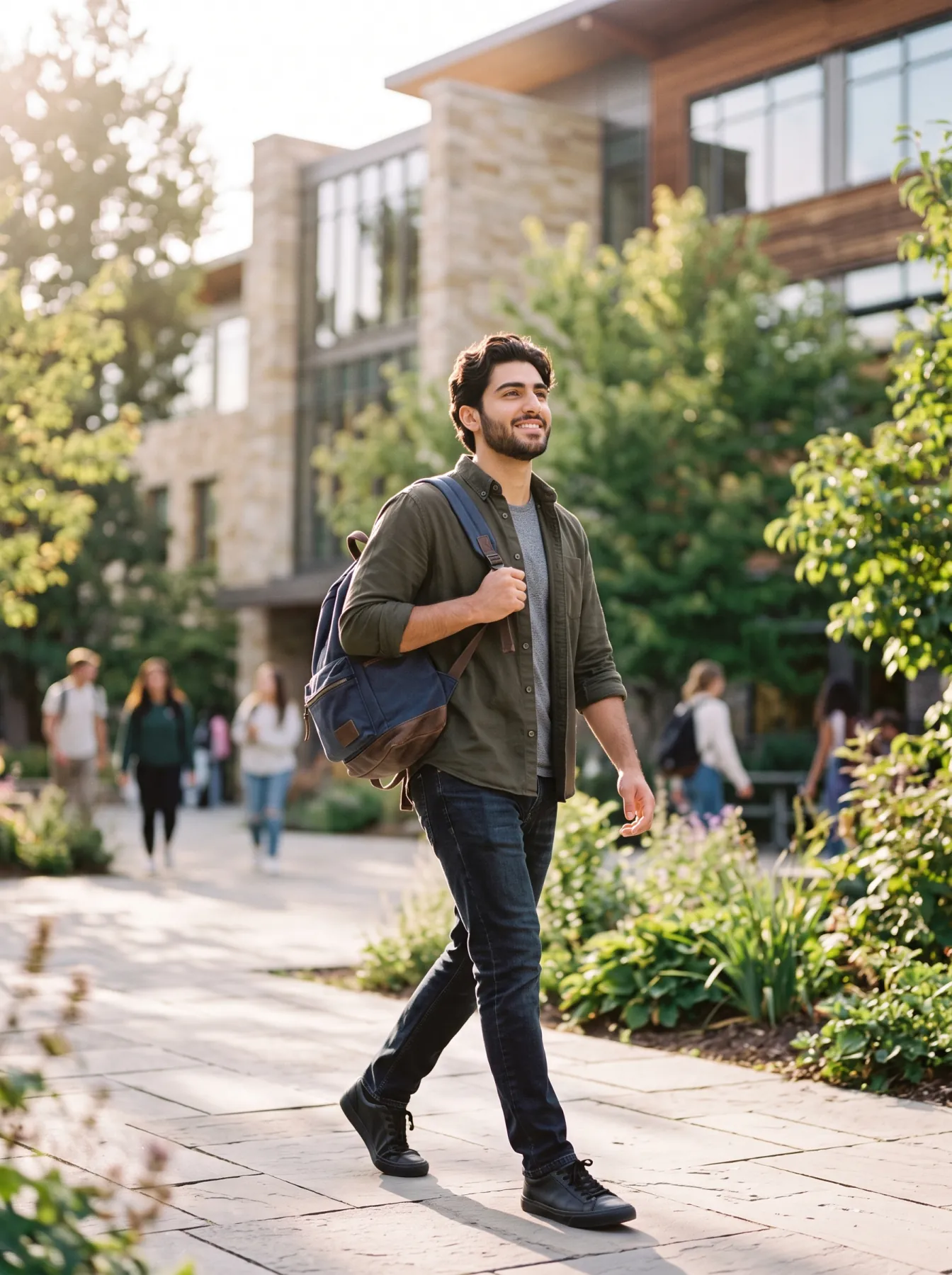 A student walking across a university campus with a bag over one shoulder