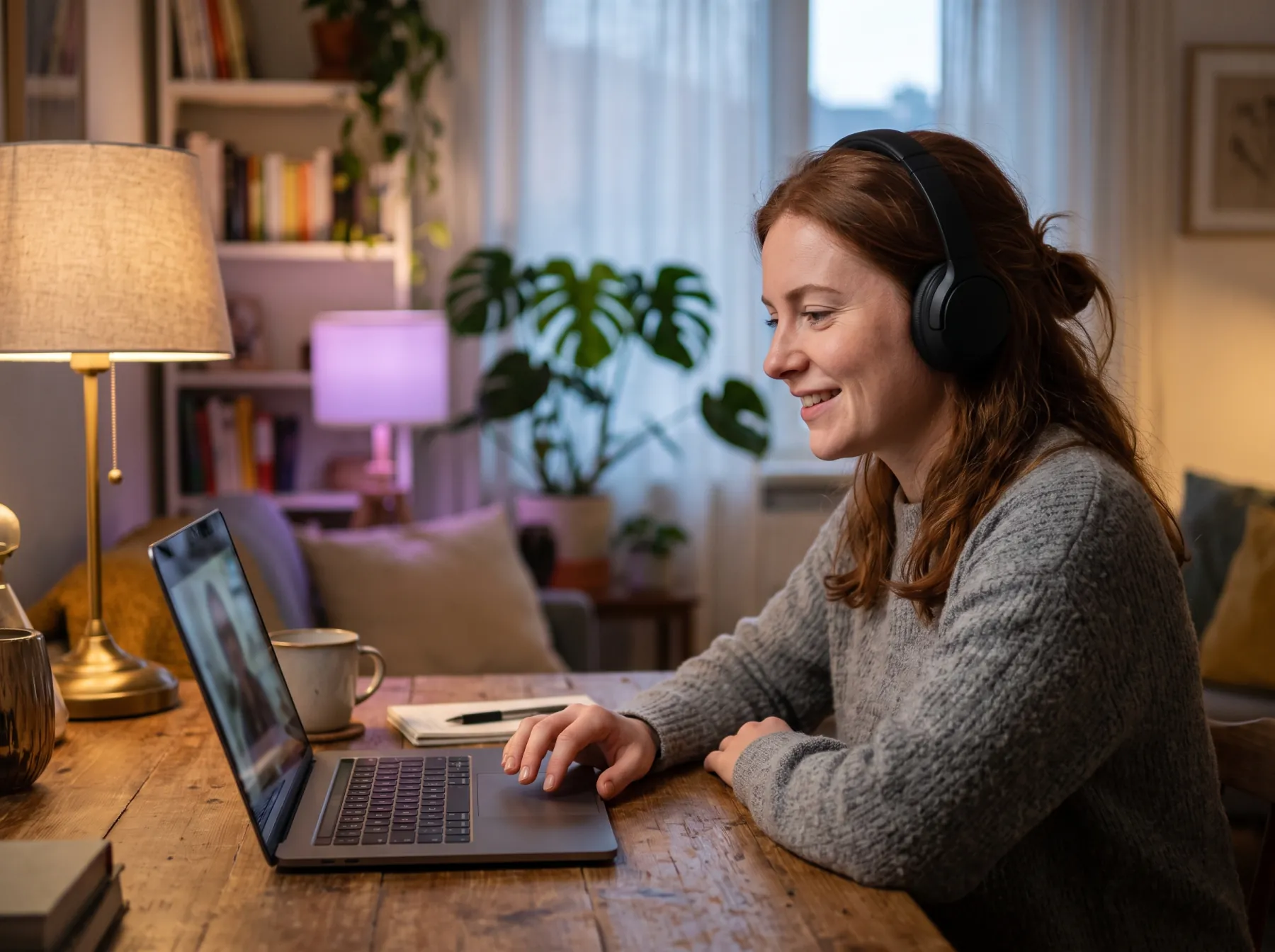A tutor with headphones smiling at the screen