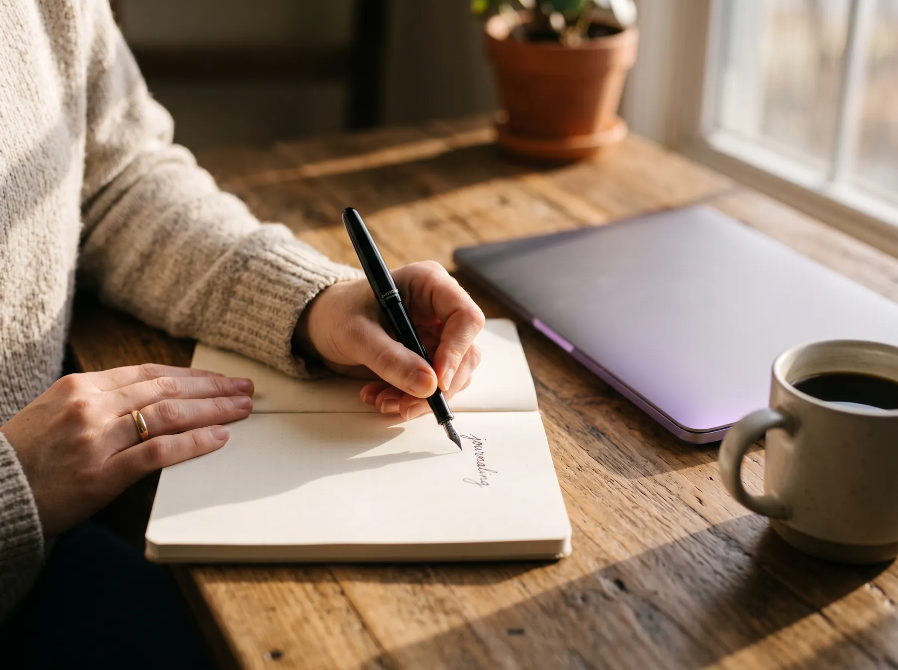 Hands writing in a notebook